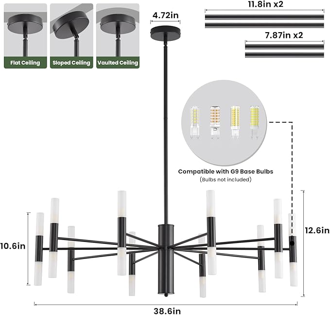 Black Modern Chandelier 20-Light, Large Farmhouse Round Candle Chandeliers with Acrylic Shades, 38.6" Dining Room Light Fixture for High Ceilings, Living Room, Foyer, Entryway, G9 Base