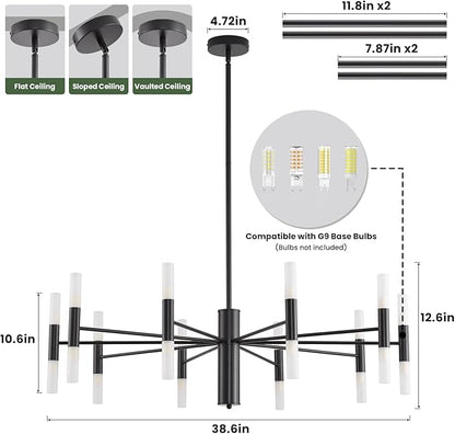 Black Modern Chandelier 20-Light, Large Farmhouse Round Candle Chandeliers with Acrylic Shades, 38.6" Dining Room Light Fixture for High Ceilings, Living Room, Foyer, Entryway, G9 Base