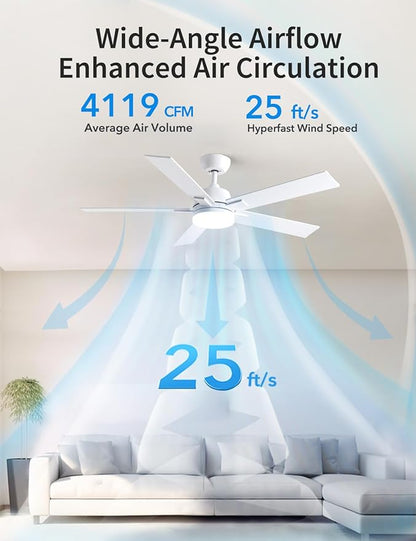 Rayqueen 52 Inch Ceiling Fans with Lights and Remote, 6 Speed Reversible DC Motor, 3CCT Dimmable LED, 5 Blades, White Modern Ceiling Fan for Bedroom, Living Room & Covered Outdoor, Includes Downrod