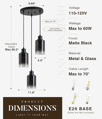 3-Light Black Pendant Lighting, Adjustable Modern Pendant Lights for Kitchen Island, Industrial Cluster Hanging Lights for Dining Table Hallway Bedroom Living Room