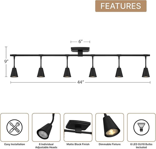 Modern LED 6-Light Track Lighting, Matte Black, 44 Inch, 6 GU10 LED Bulb Included, Directional Lighting, Kitchen Lighting Fixtures Ceiling, Spotlight Fixtures, Wall Lights for Living Room