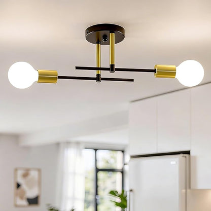 Modern Sputnik Chandelier Ceiling Light Fixtures, 2-Lights Mid Century Industrial Metal Semi Flush Mount for Dining Room, Bedroom, Living Room-Black and Gold