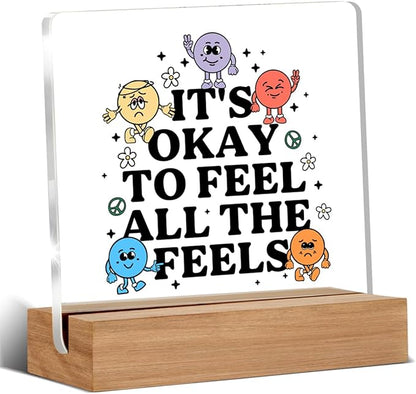 Therapy Office Decor, Mental Health Gifts for Therapist School Counselor Psychology, Cute Counseling Students Classroom Feel All the Feel Acrylic Plaque Office Desk Decor