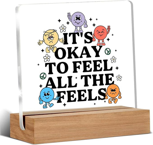 Therapy Office Decor, Mental Health Gifts for Therapist School Counselor Psychology, Cute Counseling Students Classroom Feel All the Feel Acrylic Plaque Office Desk Decor