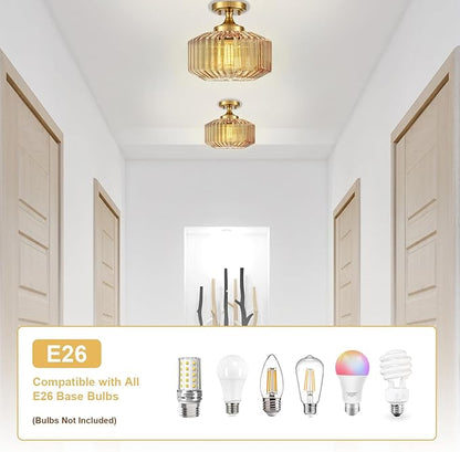 Flush Mount Light Fixture 11.02" Farmhouse 1 Light Ceiling Fixture with Amber Striped Hand Blown Glass Shade, E26 Base for Kitchen, Dining Room, Hallway