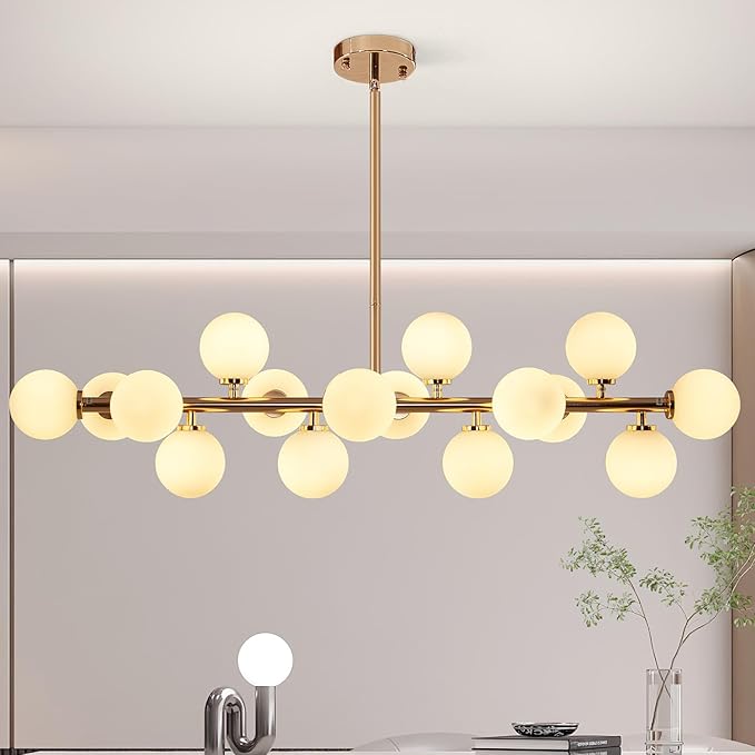 Grey Linear Chandelier, Modern Sputnik Ceiling Fixture with Adjustable Height & Dimmable Glass Shades for Dining Room, Office, Mid-Century Design