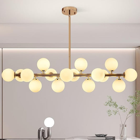 Grey Linear Chandelier, Modern Sputnik Ceiling Fixture with Adjustable Height & Dimmable Glass Shades for Dining Room, Office, Mid-Century Design