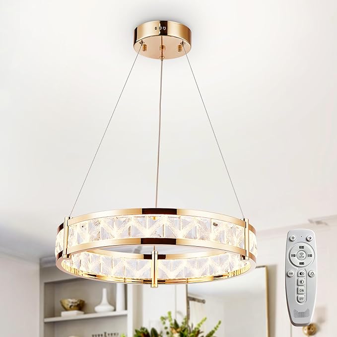 Depuley Modern LED Crystal Chandeliers: 19.7" Ring Chandelier Hanging Crystal Ceiling Light Fixture - 42W Adjustable Height Pendant Light for Living Room Dining Room Bedroom Foyer
