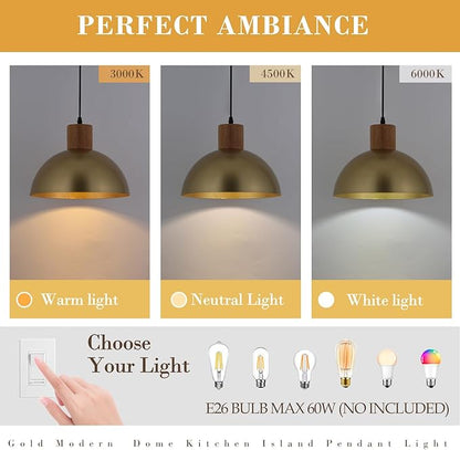 Gold Pendant Light, 11.8" Wood Pendant Lights Fixtures Adjustable Modern Dome Hanging Lighting,for Kitchen Island Dining Room Farmhouse Sink Office Bedroom