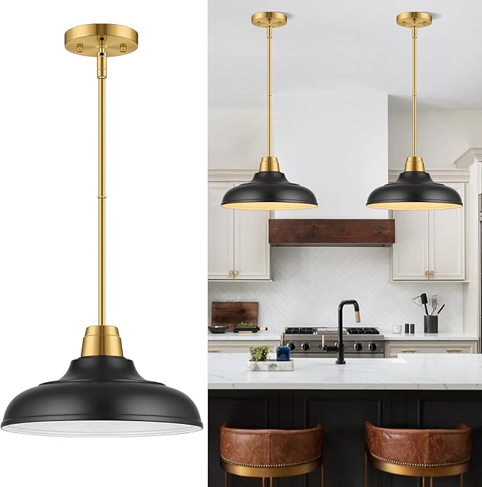 Black and Gold Pendant Light, 12" Matte Black Pendant Lights Fixtures Adjustable Rod Gold Modern Hanging Lighting,for Kitchen Island Dining Room Bar Restaurant Sink Entrance