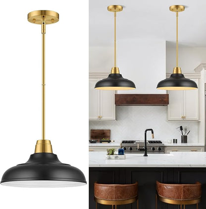 Black and Gold Pendant Light, 12" Matte Black Pendant Lights Fixtures Adjustable Rod Gold Modern Hanging Lighting,for Kitchen Island Dining Room Bar Restaurant Sink Entrance