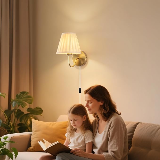 Plug in Wall Sconces Set of Two, Fabric Shade Wall Light with On/Off Switch, Plug in Wall Mount Lamps Wall Decor Set of 2, Gold Sconces Wall Lighting Fixture for Bedroom Bedside Living Room Porch