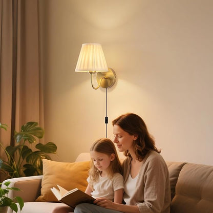 Plug in Wall Sconces Set of Two, Fabric Shade Wall Light with On/Off Switch, Plug in Wall Mount Lamps Wall Decor Set of 2, Gold Sconces Wall Lighting Fixture for Bedroom Bedside Living Room Porch