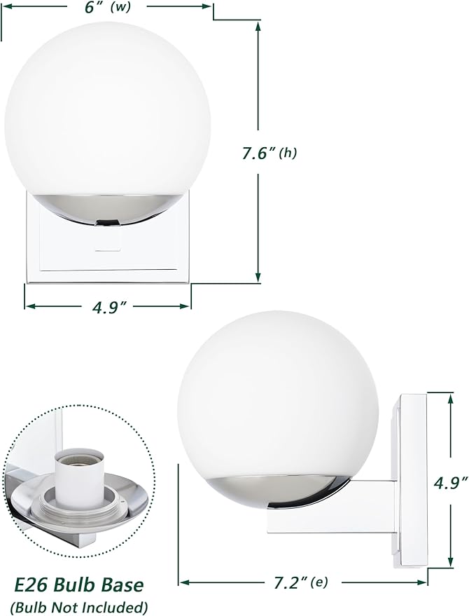 Chrome Wall Sconce Light, Modern Sconces Wall Lighting, 1 Light Globe Bathroom Vanity Lighting with Opal Glass Shade, Wall Light for Bedroom Bathroom Living Room Entryway Hallway