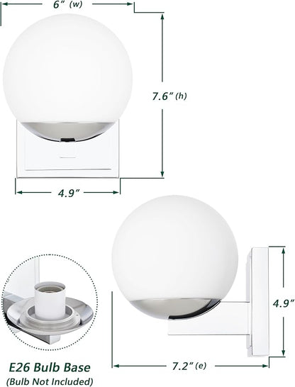 Chrome Wall Sconce Light, Modern Sconces Wall Lighting, 1 Light Globe Bathroom Vanity Lighting with Opal Glass Shade, Wall Light for Bedroom Bathroom Living Room Entryway Hallway