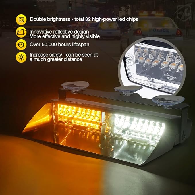 Xprite 2×11 inch High Intensity White Amber 32 LED Emergency Strobe Dash Lights, Interior Windshield Flashing Light w/Suction Cups for Construction Trucks Plows Postal Security Cars