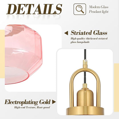 9in Mid Century Modern Pink Glass Pendant Light Fixture, Small Gold Kitchen Island Pendants Light Glass Ceiling Hanging Lamp for Foyer Dining Room Bedroom Entryway Hallway Over Sink