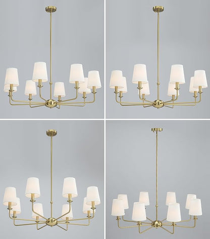 40.5'' 8-Light Brushed Gold Chandelier, E12 Base, White Fabric Shade - Farmhouse & Industrial Style Pendant Light for Dining Room Living Room Bedroom Kitchen