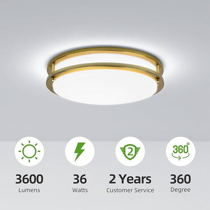 Hlite 36W 13inch LED Flush Mount Ceiling Light Fixture,3600LM 5000K Super Bright Natural Daylight,Low Profile LED Ceiling Light Flush Mount for Bedroom,Kitchen,Bathroom,Hallway(Gold 1Pack)