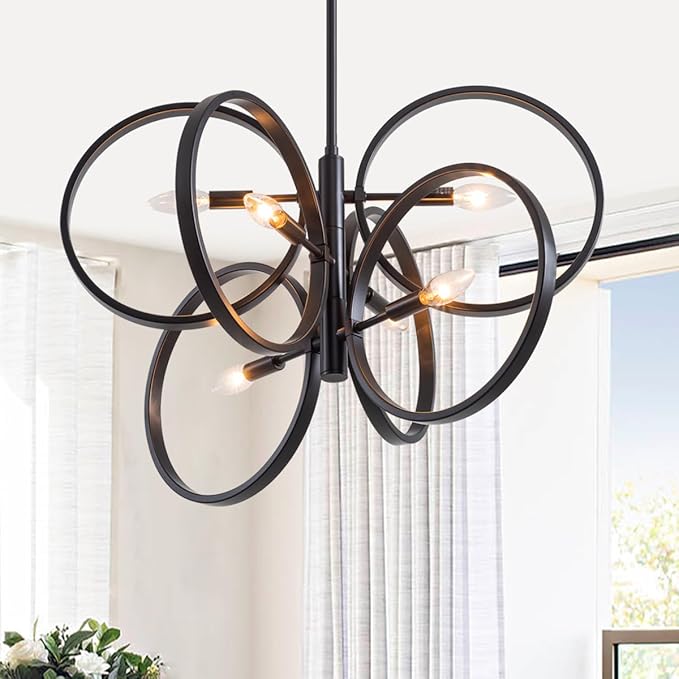 VILUXY Contemporary Black Chandelier Sputnik Ceiling Light Fixture 6-Light Mid-Century Geometric Circle Pendant Light for Dining Room Staircase Foyer 24.5"
