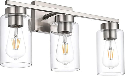 3-Light Bathroom Vanity Light, Modern Brushed Nickel Wall Lights with Clear Glass Shades, Bathroom Wall Sconce Lamp for Mirror Living Room Bedroom Hallway