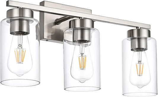 3-Light Bathroom Vanity Light, Modern Brushed Nickel Wall Lights with Clear Glass Shades, Bathroom Wall Sconce Lamp for Mirror Living Room Bedroom Hallway
