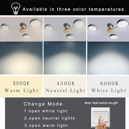 LED Ceiling Light Fixture,26 Inch 3-Lights Modern Ceiling Lights Flush Mount Wooden 24W Dimmable Chandelier for Living Room Bedroom Kitchen,3000K/4000K/6000K Temperatures Selectable Grey