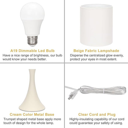 Seaside village Dimmable Bedside Lamp, 3 Way Touch Control Table Lamp, Modern Nightstand Lamp with Beige Shade and Cream Base, Small Desk Lamp for Living Room, Dorm, Home Office, 9W LED Bulb Included