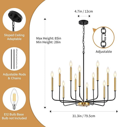 12-Light Black and Gold Chandelier, Modern Farmhouse Chandelier for Dining Room Hanging Lighting Fixture, Metal Candle Chandelier with Chain for Living Room, Kitchen, Entryway, Foyer, Stairs