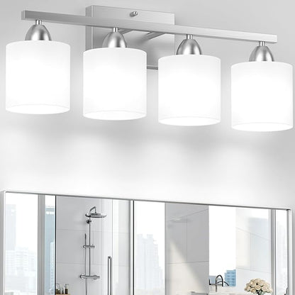 Bathroom Lighting Fixtures Over Mirror, Anti-Rust Vanity Light Fixture for Bathroom, Modern 4-Light Wall Sconce Light for Living Room, E26 Base, Milky White Glass Shades, Bulbs Not Included