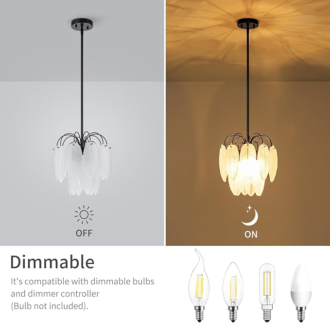 LumFurn D12 inch Glass Chandeliers, 3-Light Modern Pendant Light Fixture for Dining Room, Living Room, D12x18~47 Inch (Adjustable Height), Frosted Glass Feather Shade & Matte Black Finish Frame