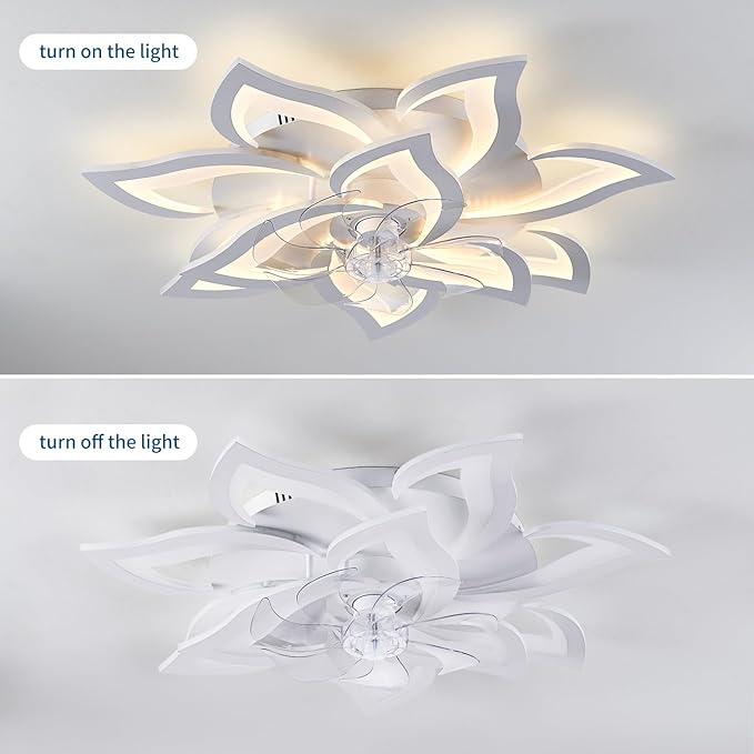 32inch White Flower Modern Ceiling Fans with Lights, Low Profile Ceiling Fan with Remote for Bedroom, Flush Mount Ceiling Fan with LED Dimmable Light,6-Speeds, Timing Ceiling Fan Light