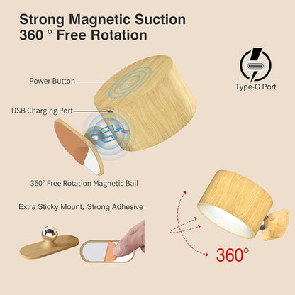 Deyagoo LED Wall Sconce, Wall Mounted Lamp with Rechargeable Battery Operated USB Port 3 Color Temperature & 3 Brightness Level 360°Rotate Magnetic Ball, Cordless Light for Reading Bedside-Wood