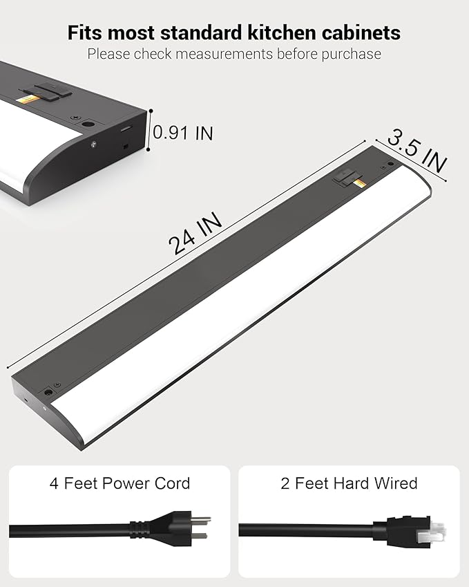 24 Inch LED Under Cabinet Light, Plug in Kitchen Lighting, 3CCT Selectable (3000K/4000K/5000K), CRI94 High Color Accuracy, Linkable, Slim Design Dimmable, Black