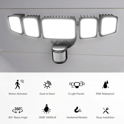 Onforu 150W 15000LM LED Security Lights Motion Sensor Outdoor, Dusk to Dawn Flood Lighting, 5 Heads 360° Wide Angle Illumination, 6500K IP65 Waterproof Hardwired Floodlight Motion Detection (Black)