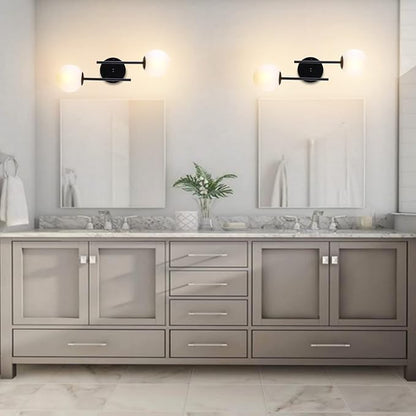 BYOLIIMA Black Globe Wall Sconces, 2-Light Modern Matte Black Vanity Lights with White Globe Glass Shade, Industrial Farmhouse Wall Lamp for Bedroom, Living Room, Kitchen, Bathroom