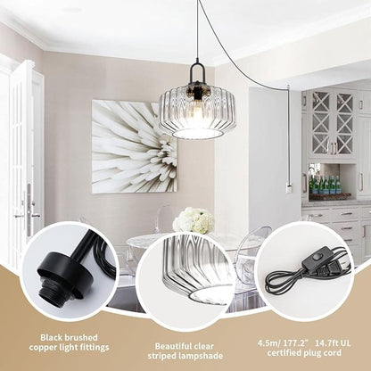 Plug in Hanging Pendant Light Bedroom Plug in Pendant Lamp Globe Hanging Lights with Plug in Cord Kitchen Mid Century Modern Ceiling Light fixtures Clear Striped Glass Swag Lights