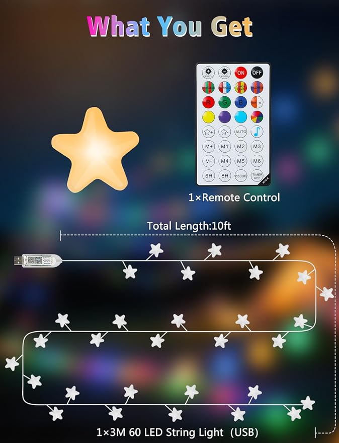 echosari Smart Firecracker Star Fairy Lights Plug in, 16 Million Color Changing String Lights RGB Built in Chip with App Remote Control Timer 10Ft Star String Lights for Bedroom Patio Party Decor