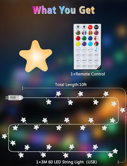 echosari Smart Firecracker Star Fairy Lights Plug in, 16 Million Color Changing String Lights RGB Built in Chip with App Remote Control Timer 10Ft Star String Lights for Bedroom Patio Party Decor