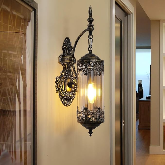 Vintage Wall Sconce with Amber Glass, Rustic Black Brushed Gold Farmhouse Wall Light Fixture, Antique Gothic Decorative Metal Wall Lamp for Hallway, Bedroom, Living Room, Entryway