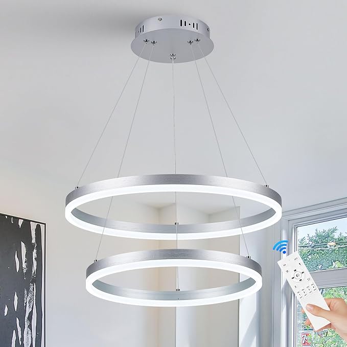Benkut 2-Rings Modern LED Chandelier Silver for Dining Room, Circular Flush Mount Ceiling Chandelier Light Dimmable Pendant Light with Remote Control for Living Room Entrance Foyer, 3000K-6500K