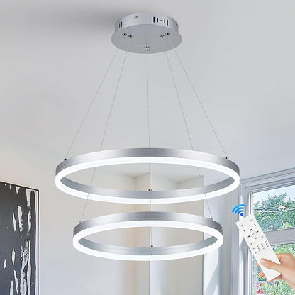 Benkut 2-Rings Modern LED Chandelier Silver for Dining Room, Circular Flush Mount Ceiling Chandelier Light Dimmable Pendant Light with Remote Control for Living Room Entrance Foyer, 3000K-6500K
