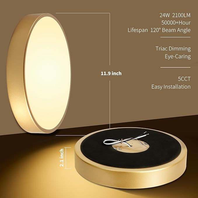 24W Dimmable Ceiling Light Fixture, 12 inch Flush Mount Light Fixture, LED Ceiling Lights Bedroom, Kitchen, Entryway, Super Bright 2700 Lumens, 300W Equivalent 5CCT(2700k-5000k) 2 Pack Gold