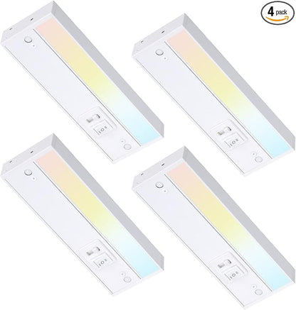 TORCHSTAR 4-Pack 8 Inch LED Under Cabinet Lighting 5CCT, ETL T24, 6W 450LM, Hardwired & Plug-in, 5 Color Selectable CRI90 120V Dimmable Under Counter Lights for Kitchen, White Aluminum Housing