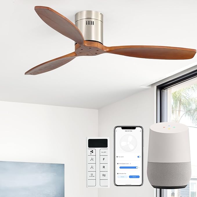 Sofucor 52 Inch Smart Ceiling Fan Without Light Flush Mount Solid Wood Ceiling Fan with Alexa/Google/APP/Remote Control-Modern Outdoor Ceiling Fans No Light for Bedroom/Patio/Indoor, Silver & Brown