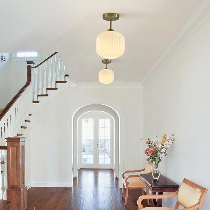 Gold Milk Glass Semi Flush Mount Light Vintage White Ribbed Flush Mount Ceiling Light Small Hallway Globe Ceiling Light Fixtures for Bedroom Entryway