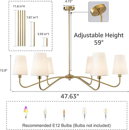 47'' Brushed Gold Chandelier with Shades, Oversized 6-Light Modern Chandelier for Living Room, Large Dining Room Light Fixture, Adjustable Brass Classic Pendant Light Fixture for Kitchen E12 Base
