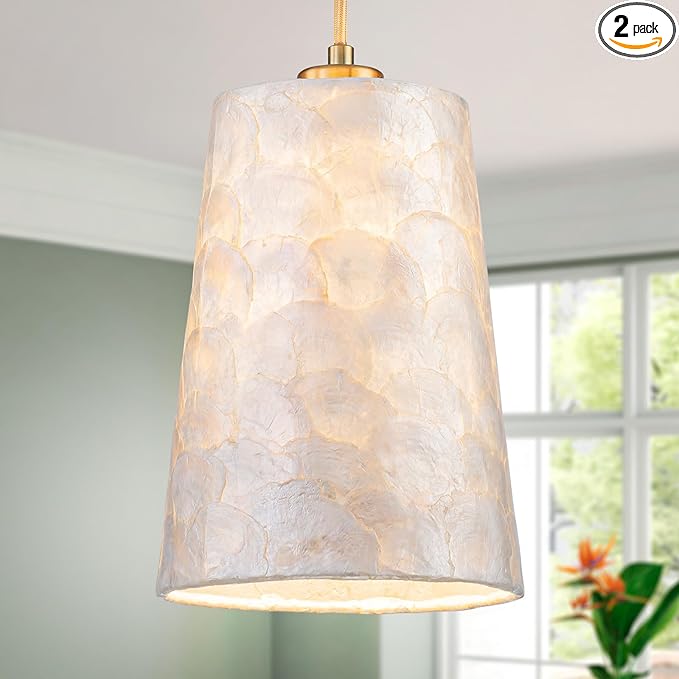 LumFurn D7 inch Capiz Shell Chandelier, 1-Light Coastal Design Pendant Light Fixture for Dining Room, Kitchen Island, D7xH18~66"(Adjustable Height), Shell Lampshade & Gold Finish (2-Pack)