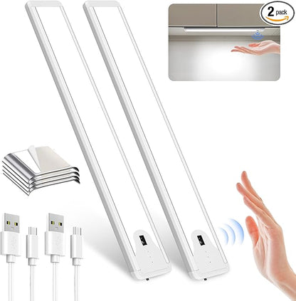 Pak 16 Inch Under Cabinet Lights, Hand Wave Sensor 83 LED Indoor Cabinet Lighting, USB Rechargeable Wireless Closet Light, Stepless Dimming Under Counter Light for Kitchen, Shelves, Bedroom, 2 Pack