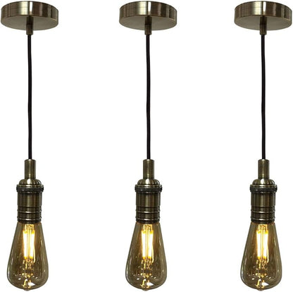 Royal Designs, Inc. Hanging Pendant Lighting, Vintage-Style Keyless Pendant Light Socket and Canopy, Antique Brass with Brown Rayon Fabric Cord